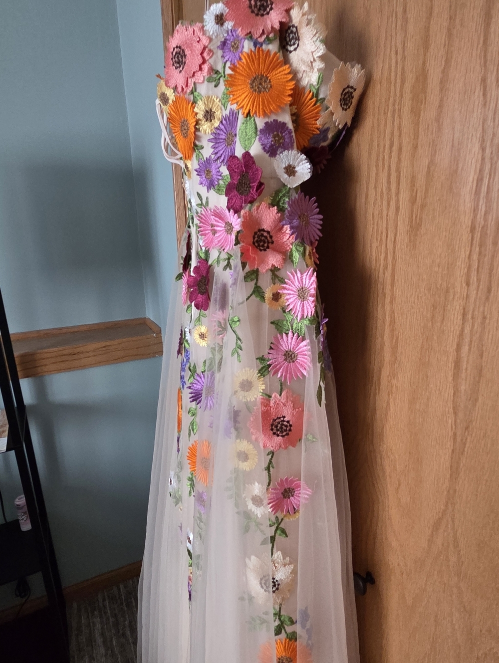 Womens Floral Appliqué Tulle Gown - Pink & Multicolor - Picture 3 of 10